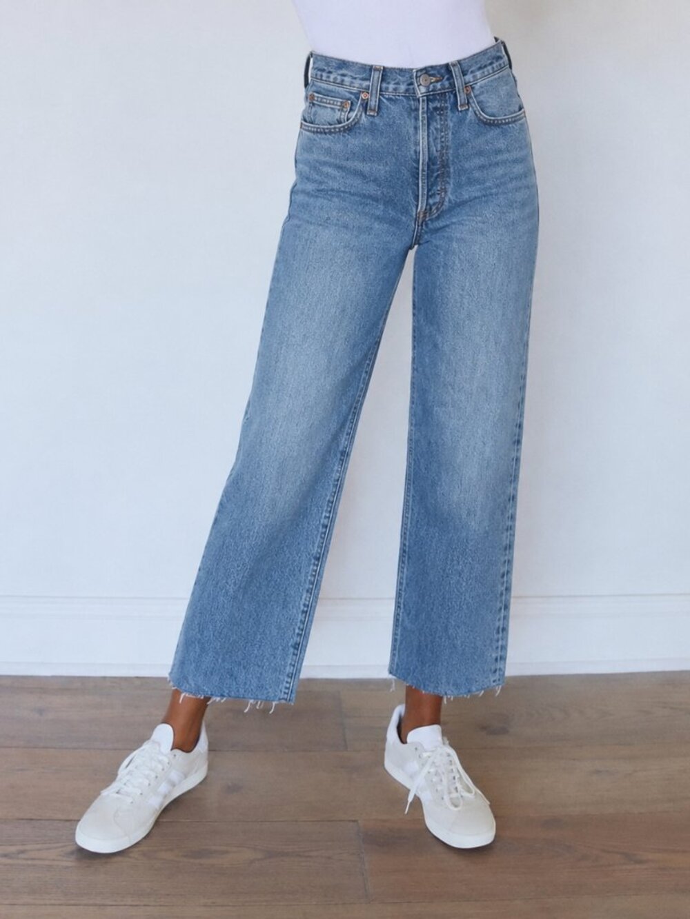 Denim Forum Farrah High Rise Wide Leg Jeans Blue Raw Hem Aritzia | Size 26 / 28L